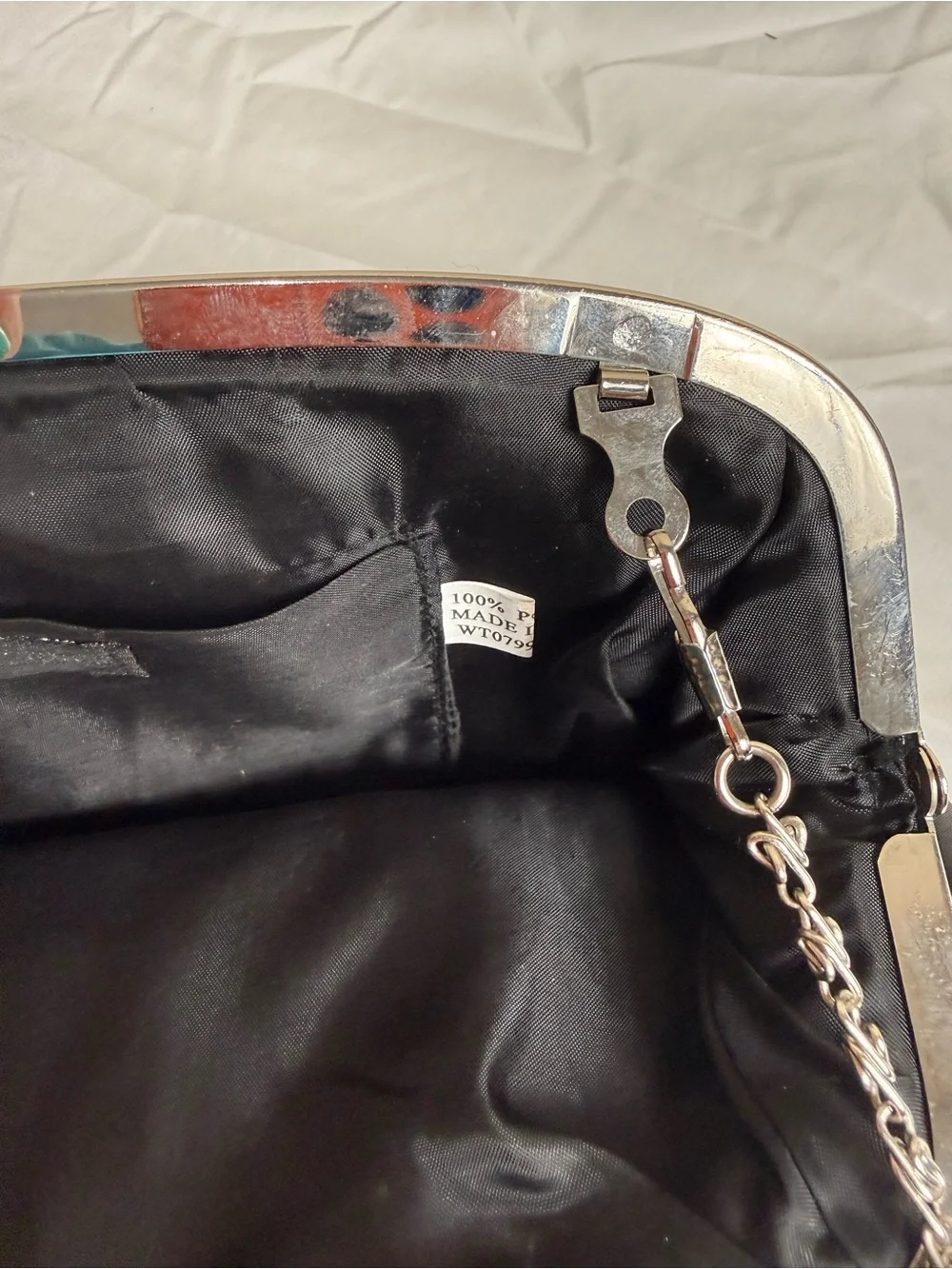 Bijoux Terner Black Satin Evening Clutch with Silver Chain